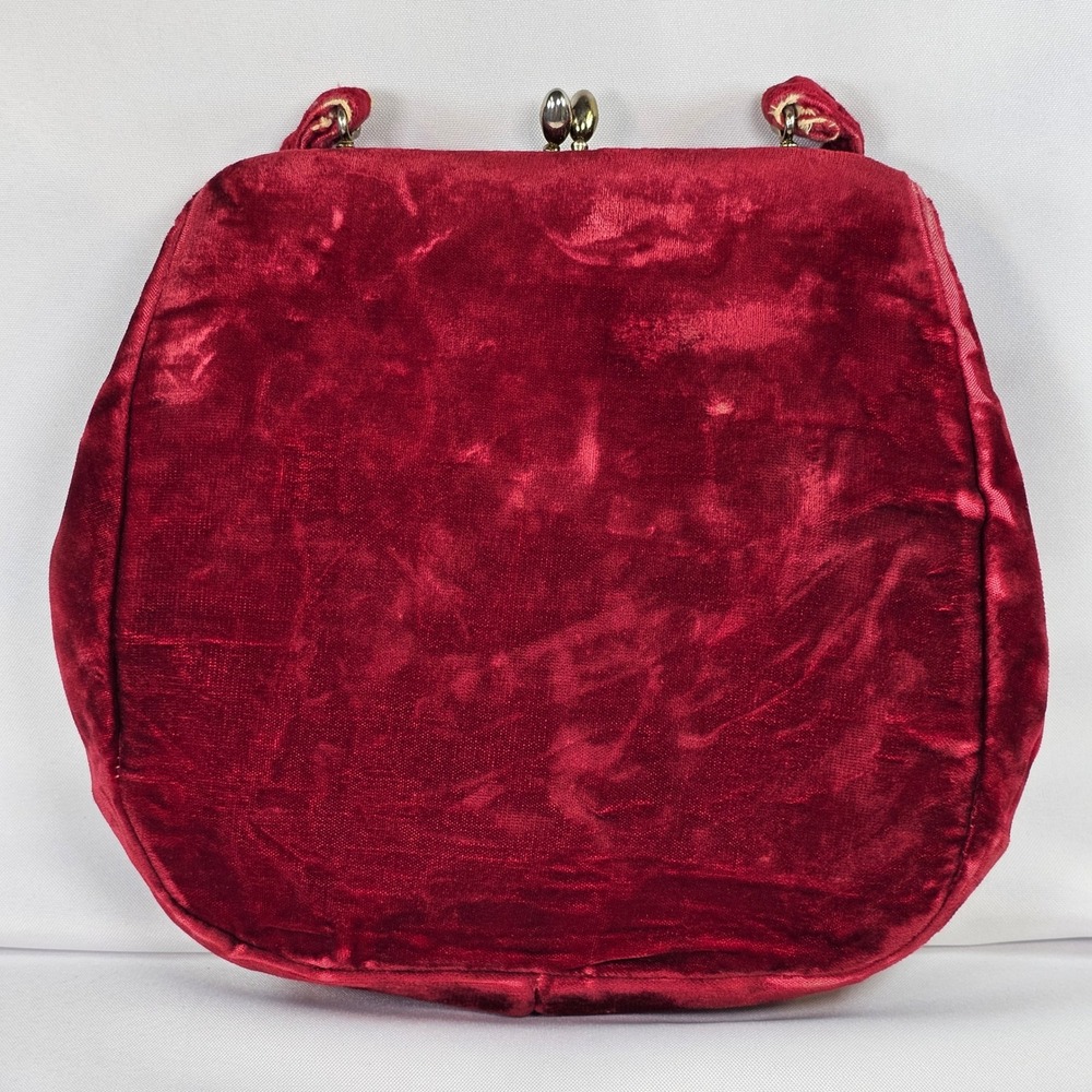Vintage 40s Red Velvet‎ Kiss Lock Handbag Evening Bag Top Handle Red Distressed
